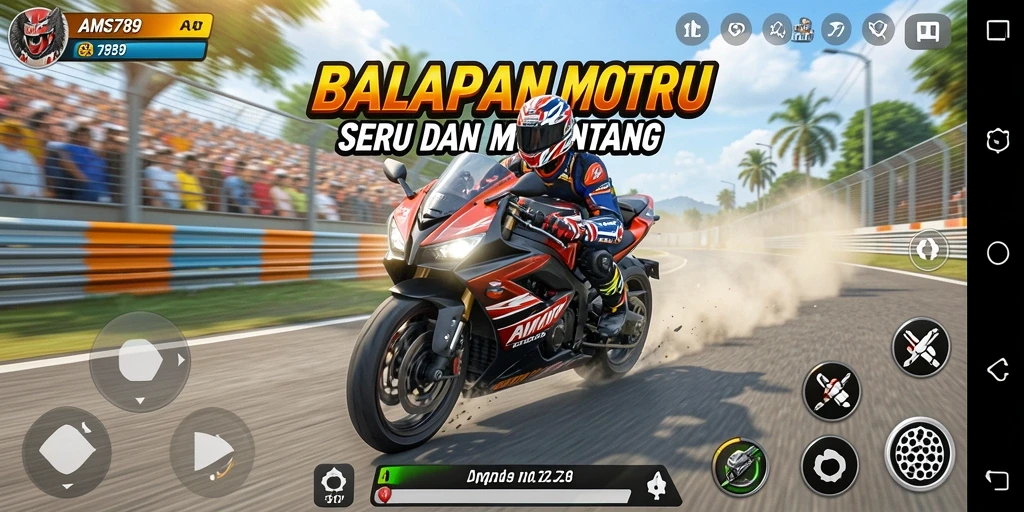 Gameplay seru di AMS789 saat balapan dengan motor balap.