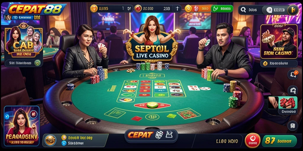 Screenshot gameplay Live Casino yang menampilkan dealer profesional dan permainan menegangkan.