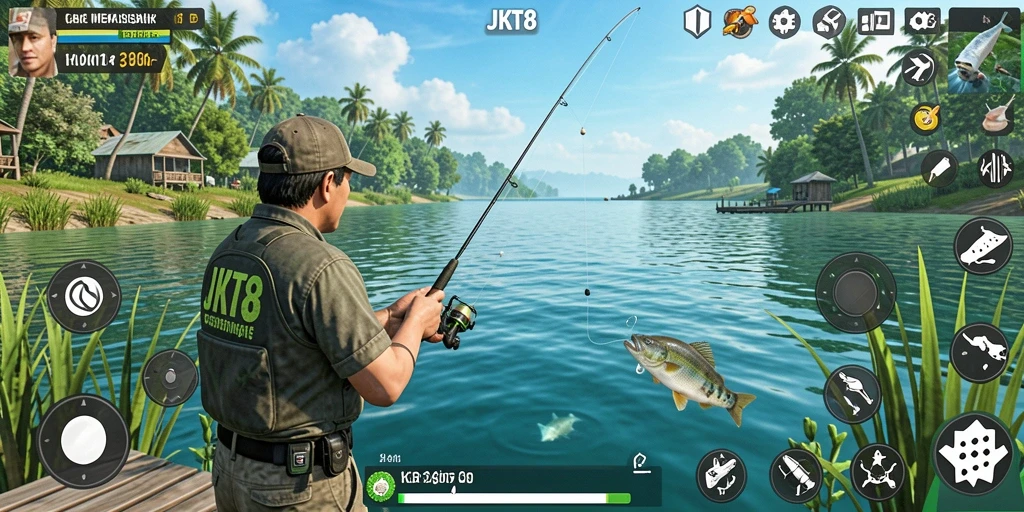 Gameplay JKT8 yang menampilkan aksi memancing yang mendebarkan.