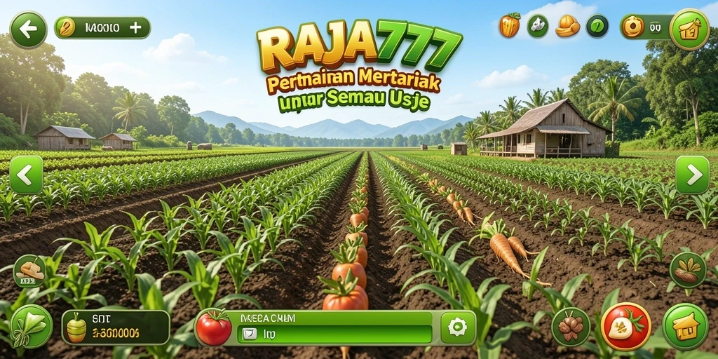 Screenshot utama RAJA777 menunjukkan gameplay pertanian yang seru dan interaktif.