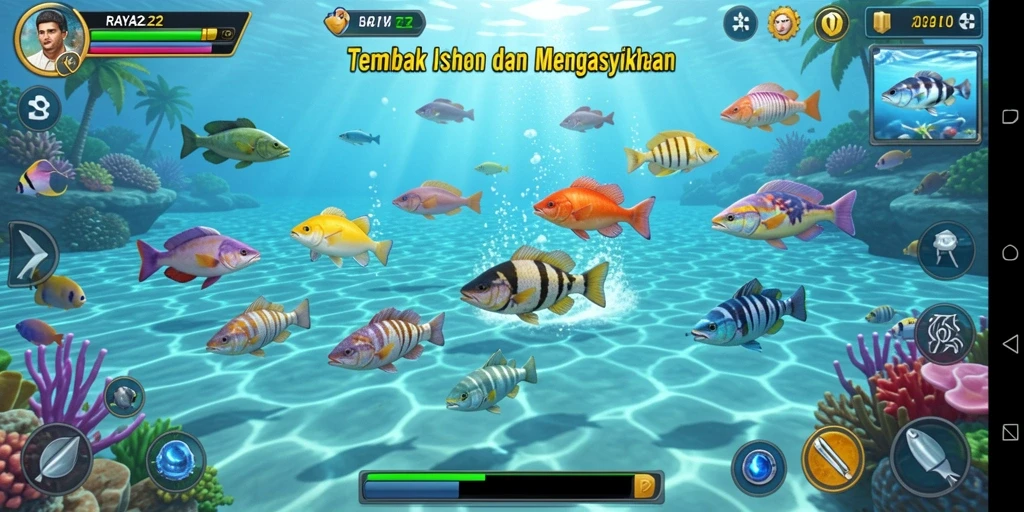 Tampilan gameplay RAYA22 dengan berbagai ikan warna-warni yang menunggu untuk ditangkap.